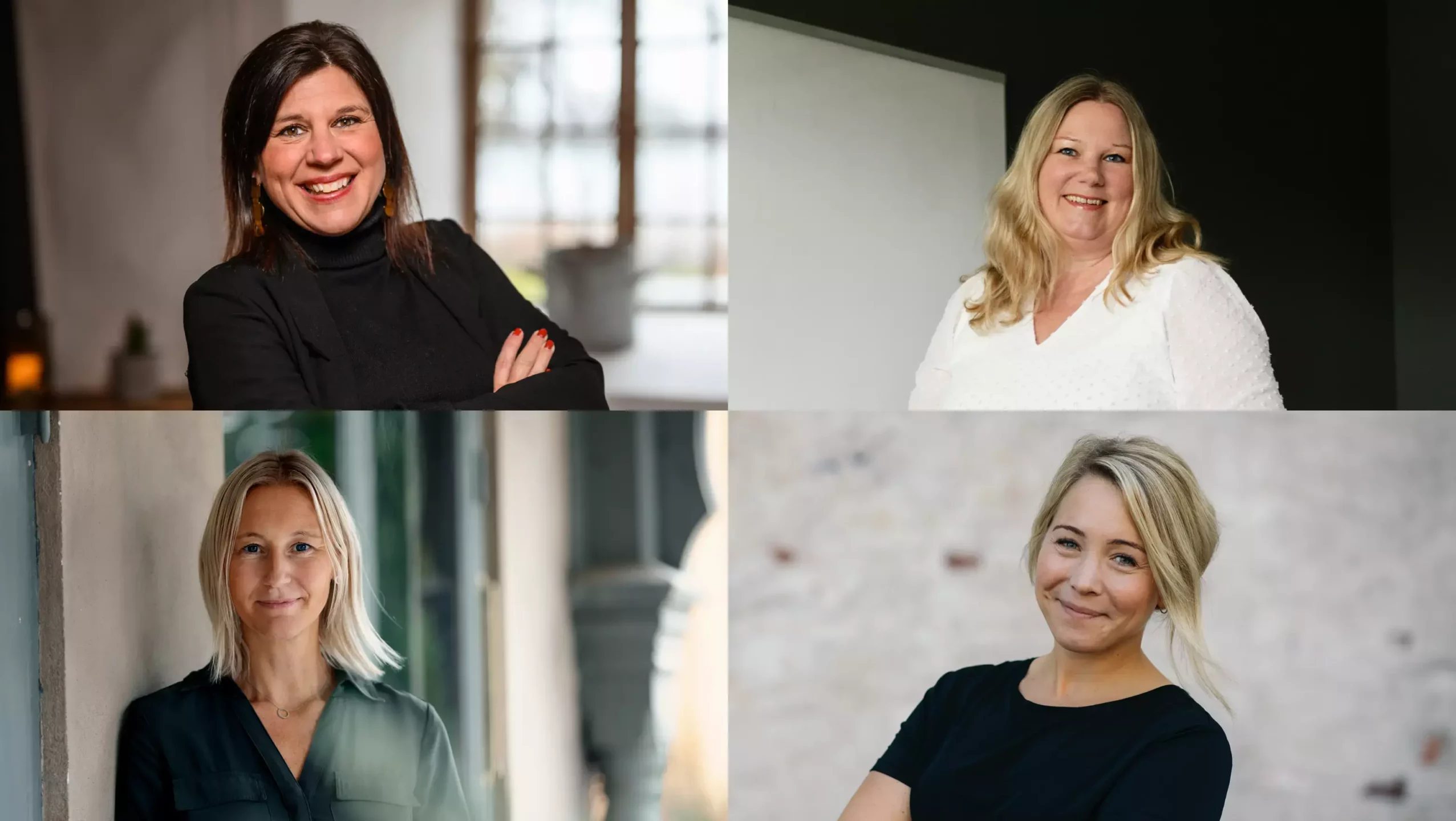 Fyra rutor med en kvinna i varje. Alla tittar in i kameran.