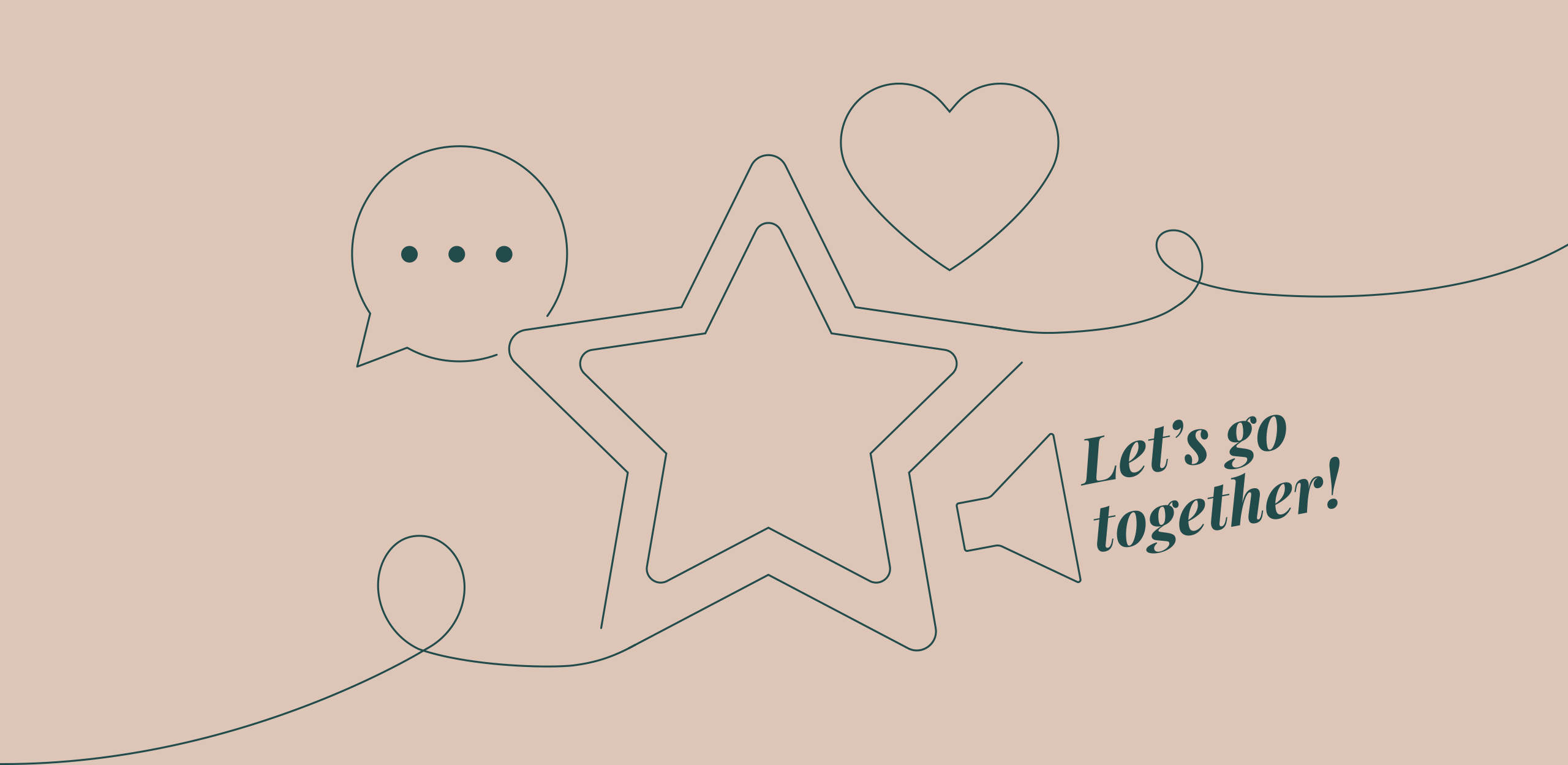 Illustration med en stjärna i mitten omgiven av en pratbubbla, ett hjärta och en högtalarikon, ritade med tunn linje. Till höger står texten ‘Let’s go together!’ i kursiv stil.